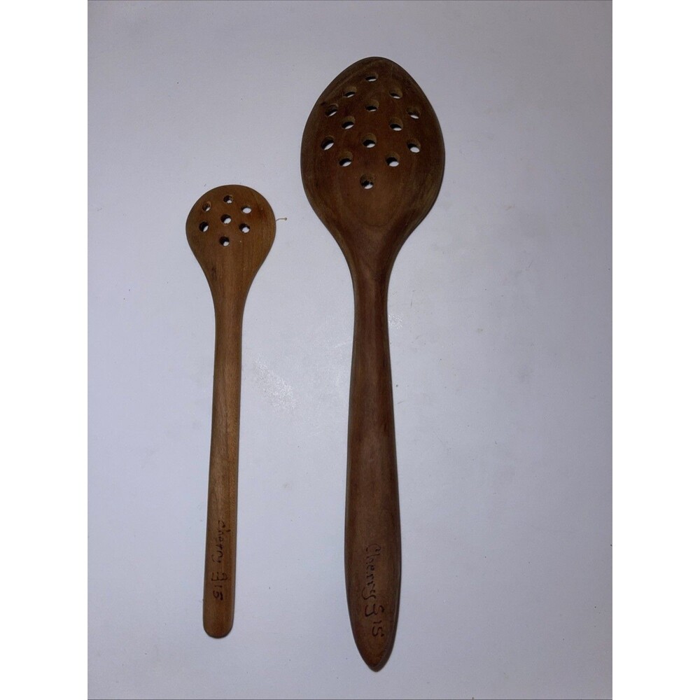 2 Cherry Carved Slotted Wooden Spoons 10 in & 7.5 in